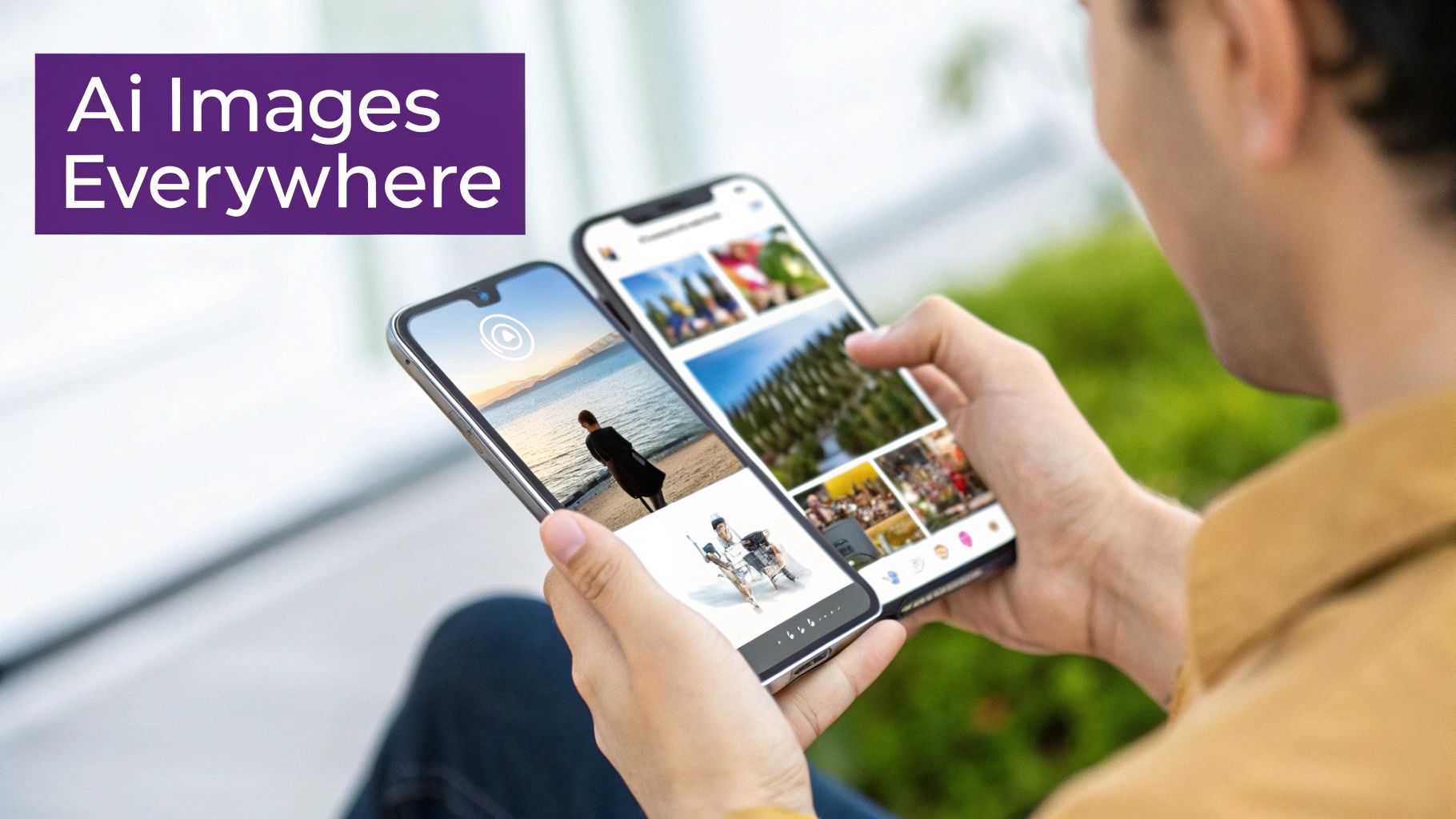 A person holds two smartphones displaying diverse AI-generated images and text 'AI Images Everywhere'.