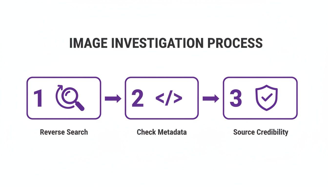 A visual guide illustrating the 3-step image investigation process: Reverse Search, Check Metadata, Source Credibility.