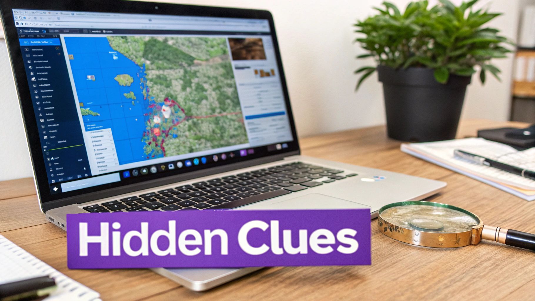 A laptop displaying a map application, a 'Hidden Clues' sign, and a magnifying glass on a wooden desk.