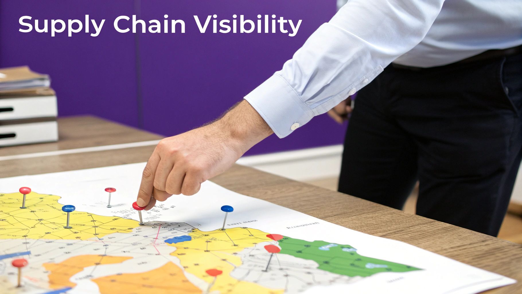 Close-up of a hand placing a red pushpin on a strategic supply chain visibility map.