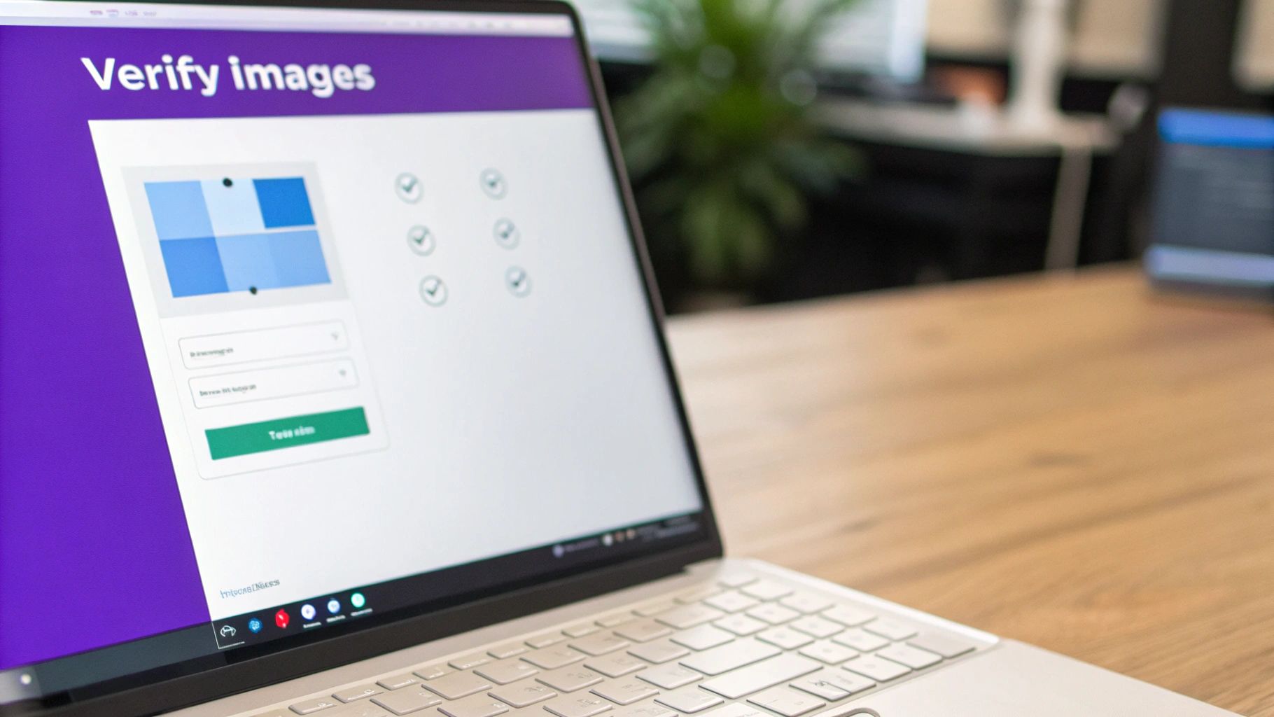 Laptop displaying a digital interface for image verification with blue squares and a button.