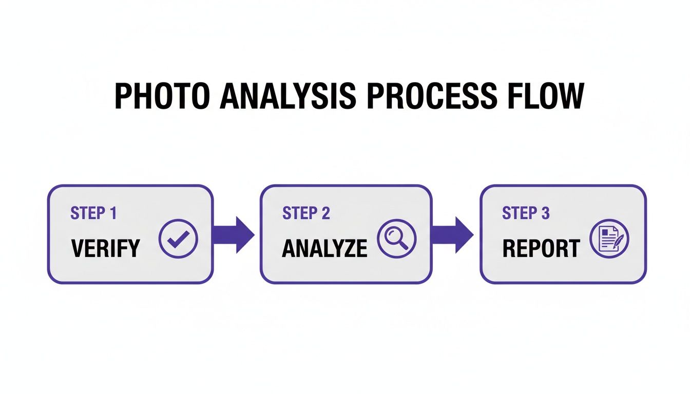 A three-step photo analysis process flow diagram: verify, analyze, and report.