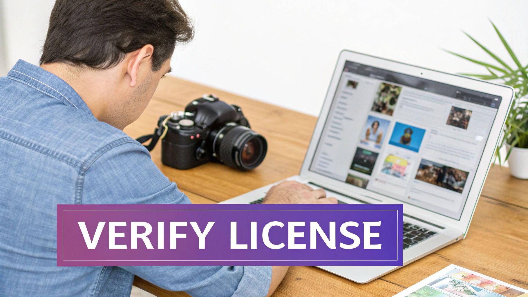 A person reviews image licenses on a laptop with a camera nearby, indicating content management.