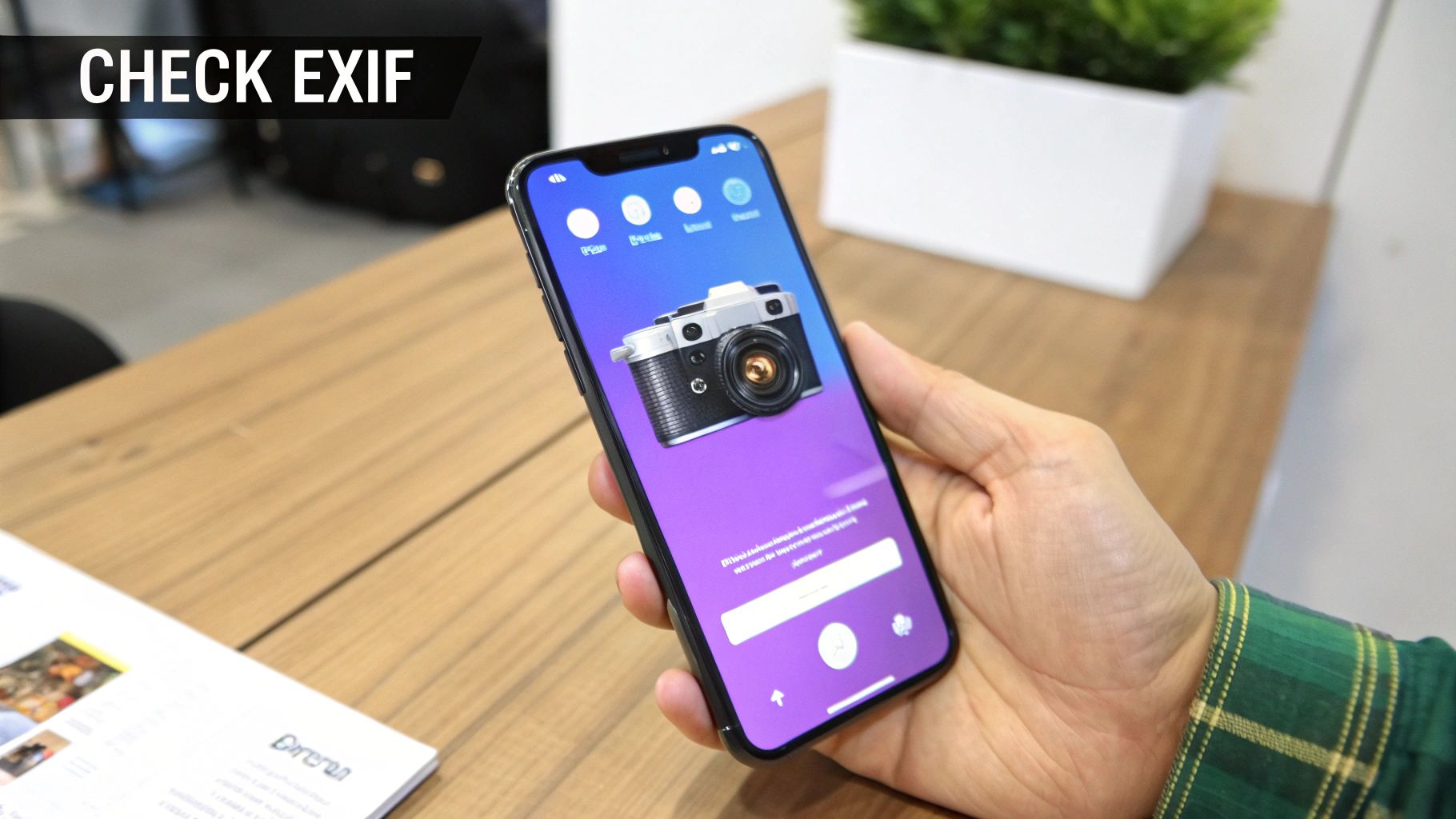 A hand holds a smartphone displaying a camera app with a vintage camera illustration on a table.