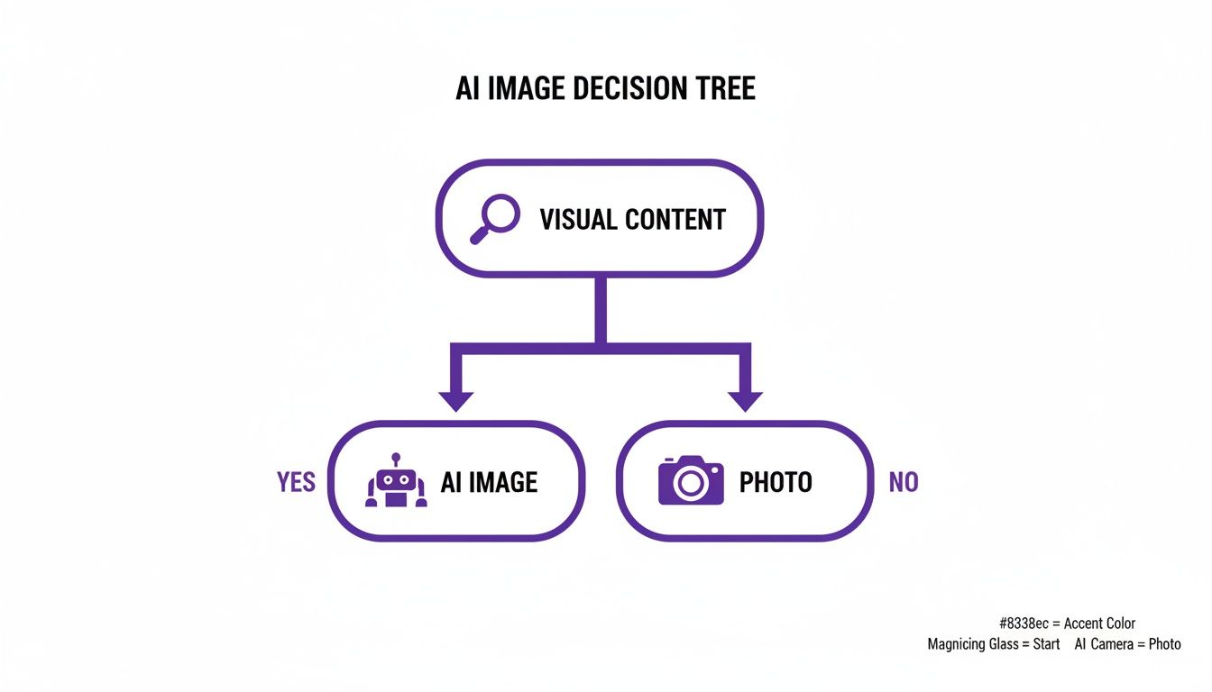 A flowchart titled 'AI Image Decision Tree' showing a path from 'Visual Content' to 'AI Image' (YES) or 'Photo' (NO).