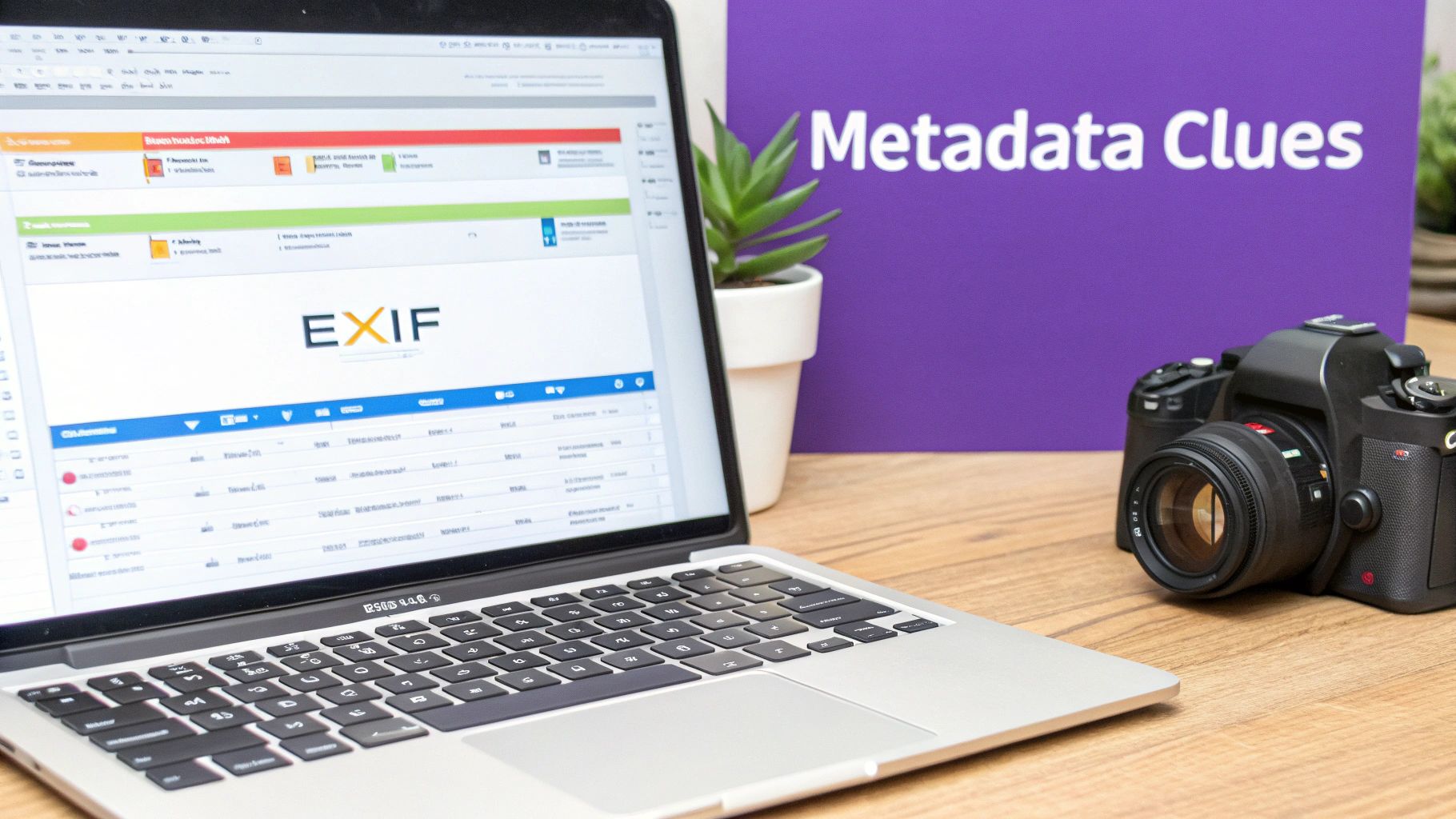 A laptop displaying EXIF data next to a camera and a 'Metadata Clues' sign on a wooden desk.