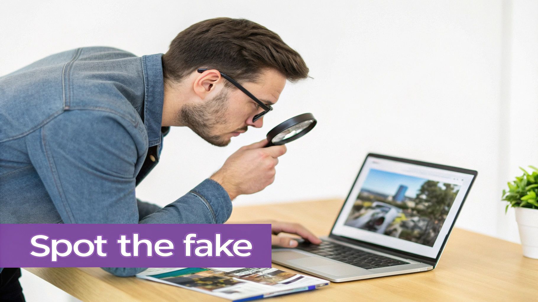 A man with a magnifying glass meticulously examines a laptop screen on a wooden desk.