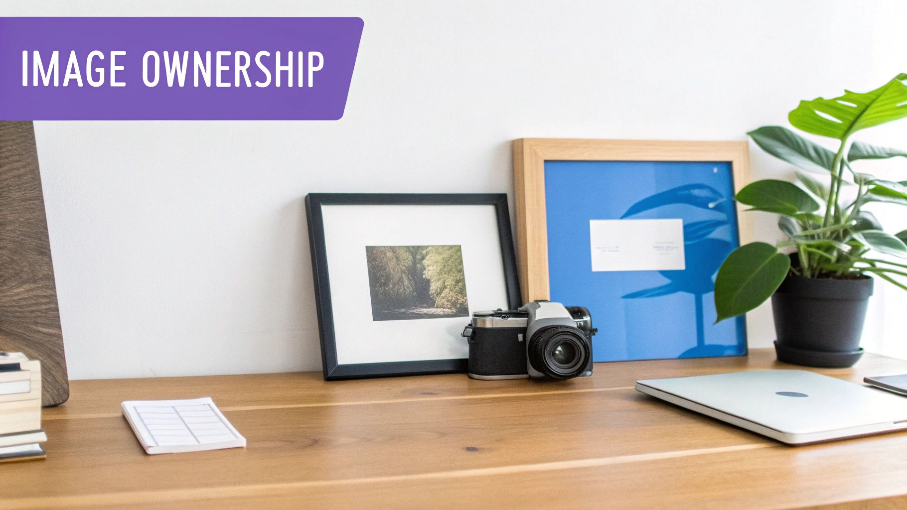 A wooden desk with a framed forest picture, vintage camera, plant, laptop, and a banner saying 'Image Ownership'.