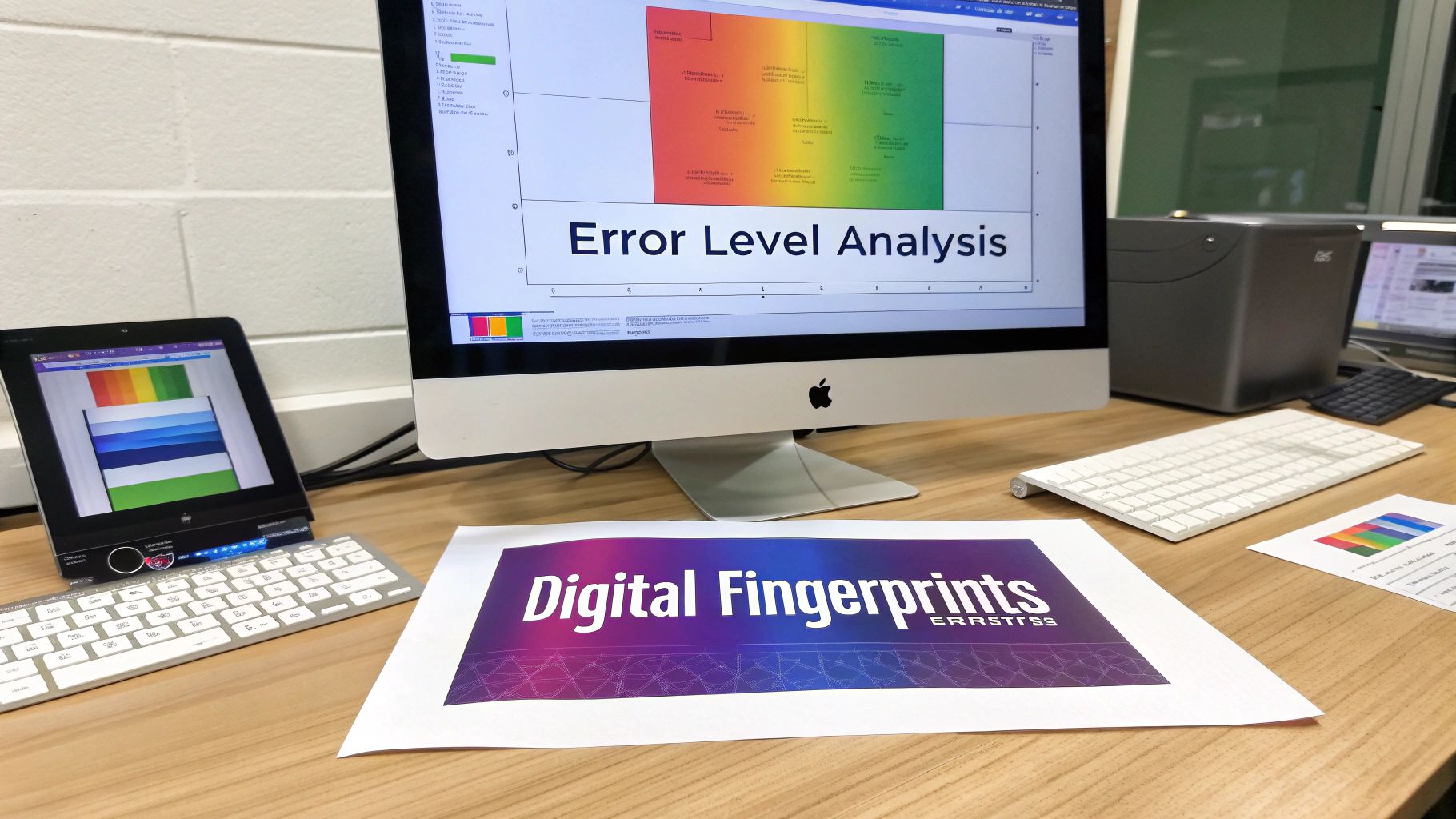 A desk setup with an iMac displaying 'Error Level Analysis', a tablet, and 'Digital Fingerprints' printout.
