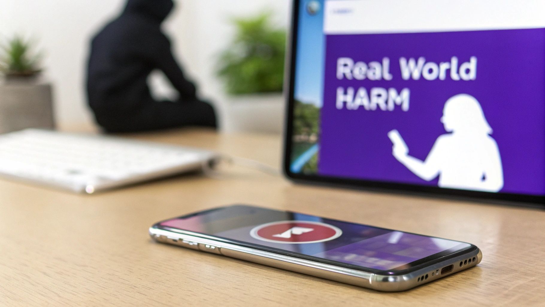 A smartphone on a wooden desk, with a tablet showing 'Real World HARM' and a person silhouette, highlighting digital dangers.