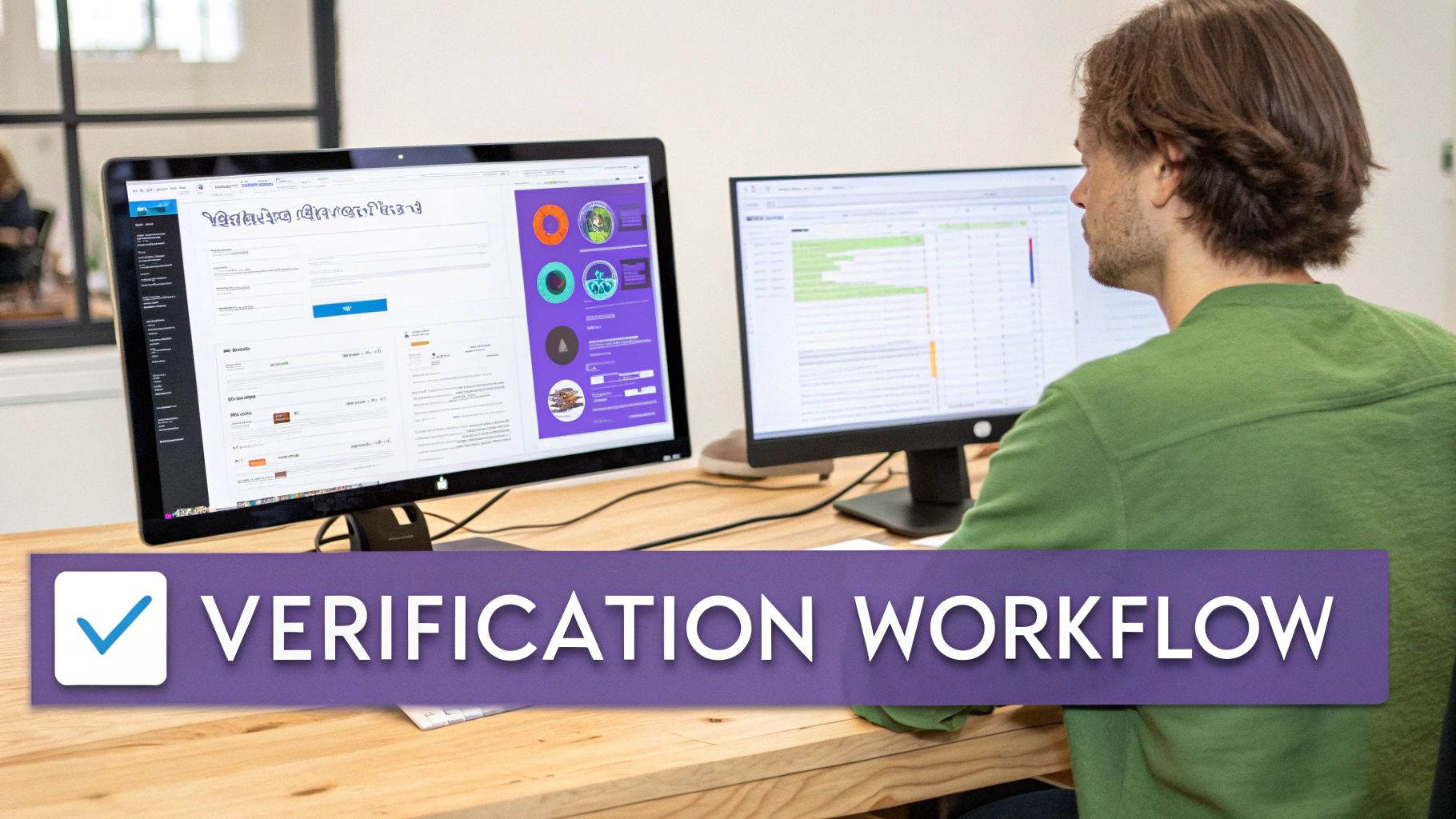 A man views two computer screens on a wooden desk, one showing a workflow dashboard and the other a spreadsheet.