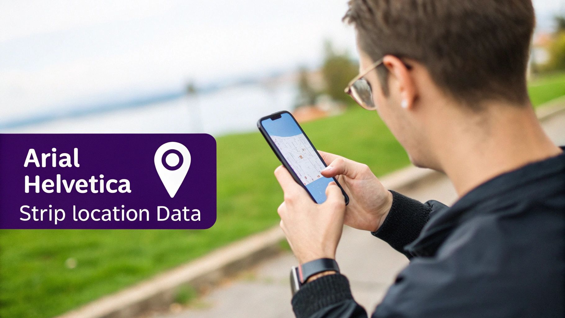 A person outdoors holds a smartphone displaying a map, with a purple overlay indicating 'Strip location Data' and a pin icon.