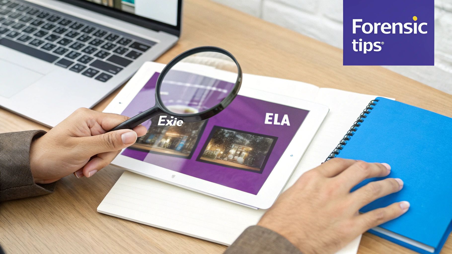 A person uses a magnifying glass to examine image forensics data on a tablet, with a laptop and notebook nearby.