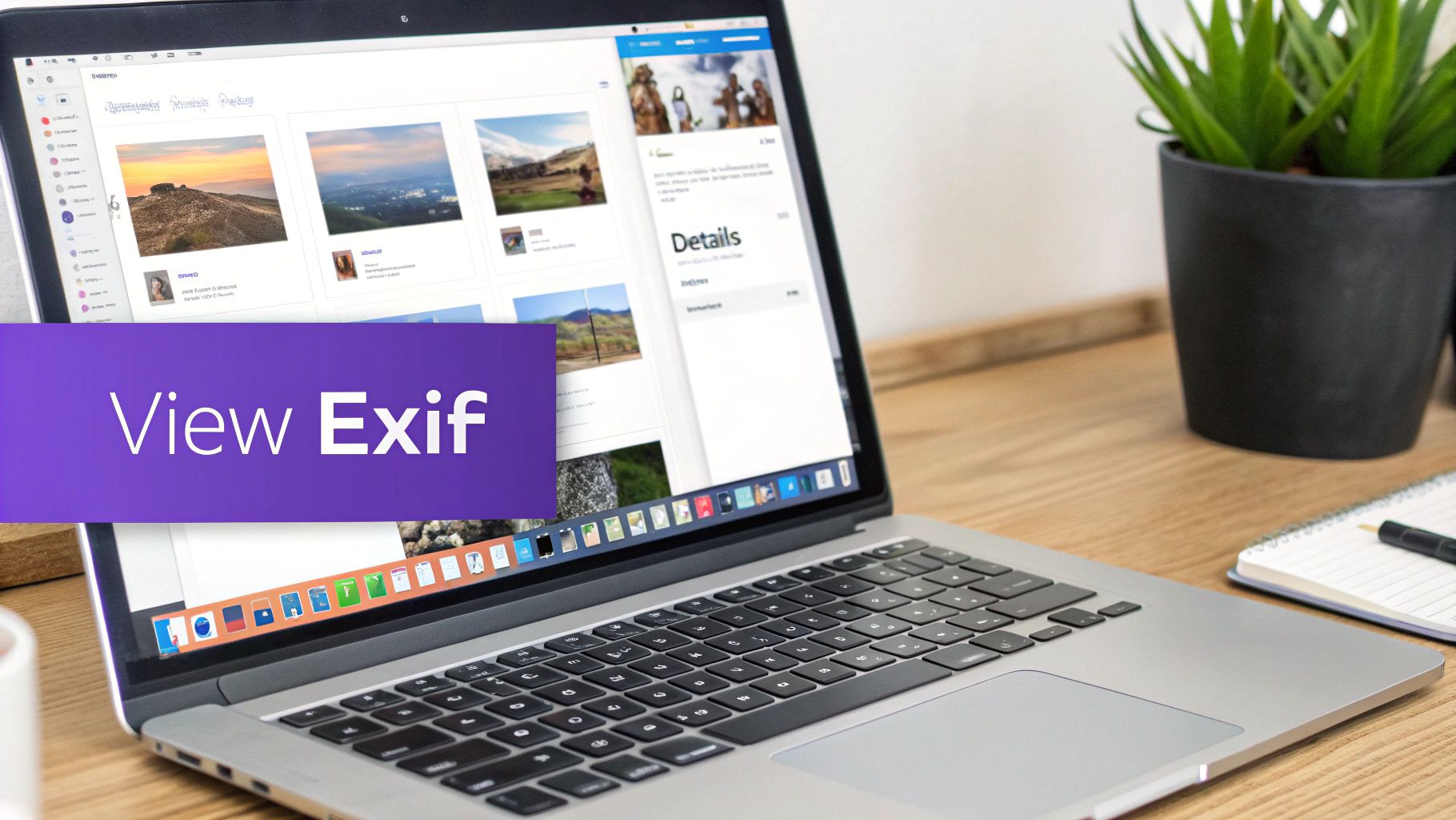 Laptop displaying photo management software with exif metadata details panel and landscape images on wooden desk