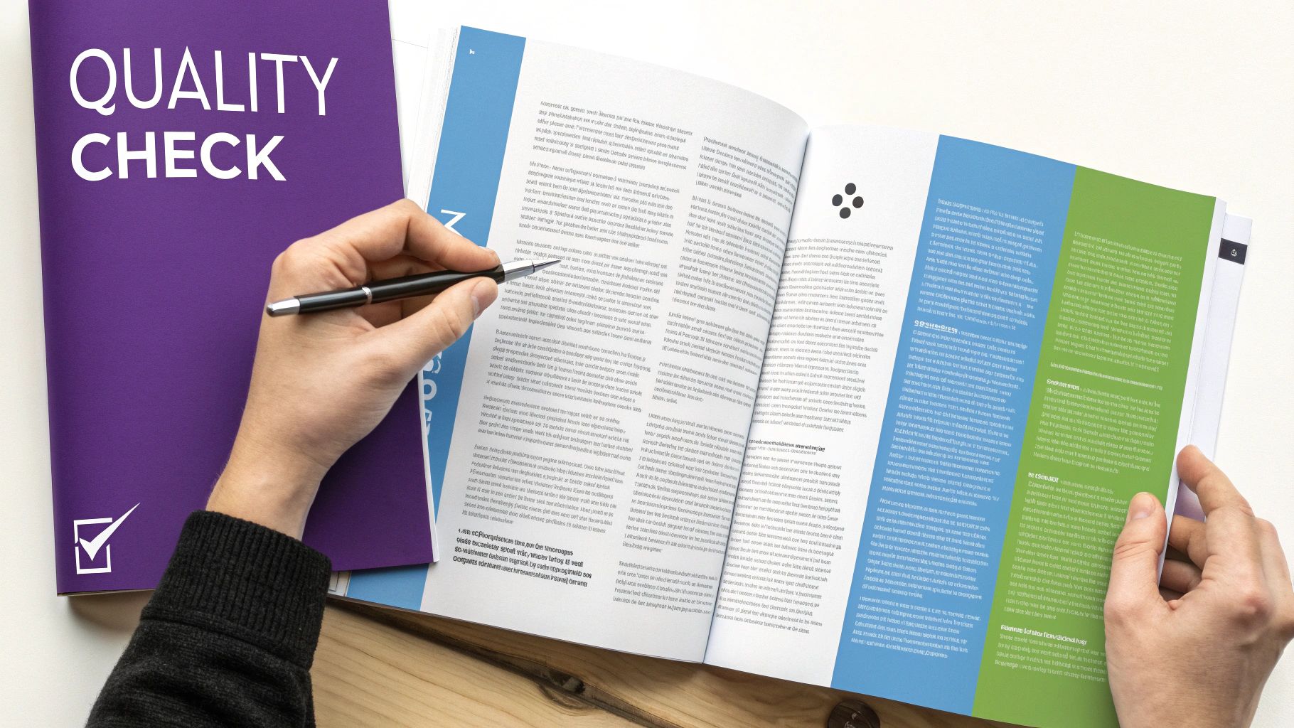 Hands review an open magazine with a pen, next to a purple 'Quality Check' folder.