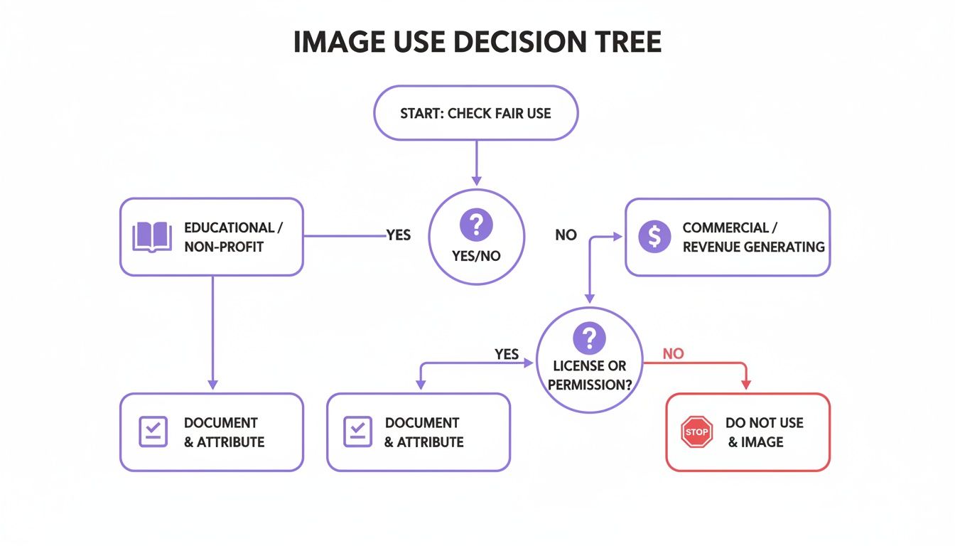 Decision tree flowchart outlining legal image use, checking fair use, purpose, and licensing requirements.