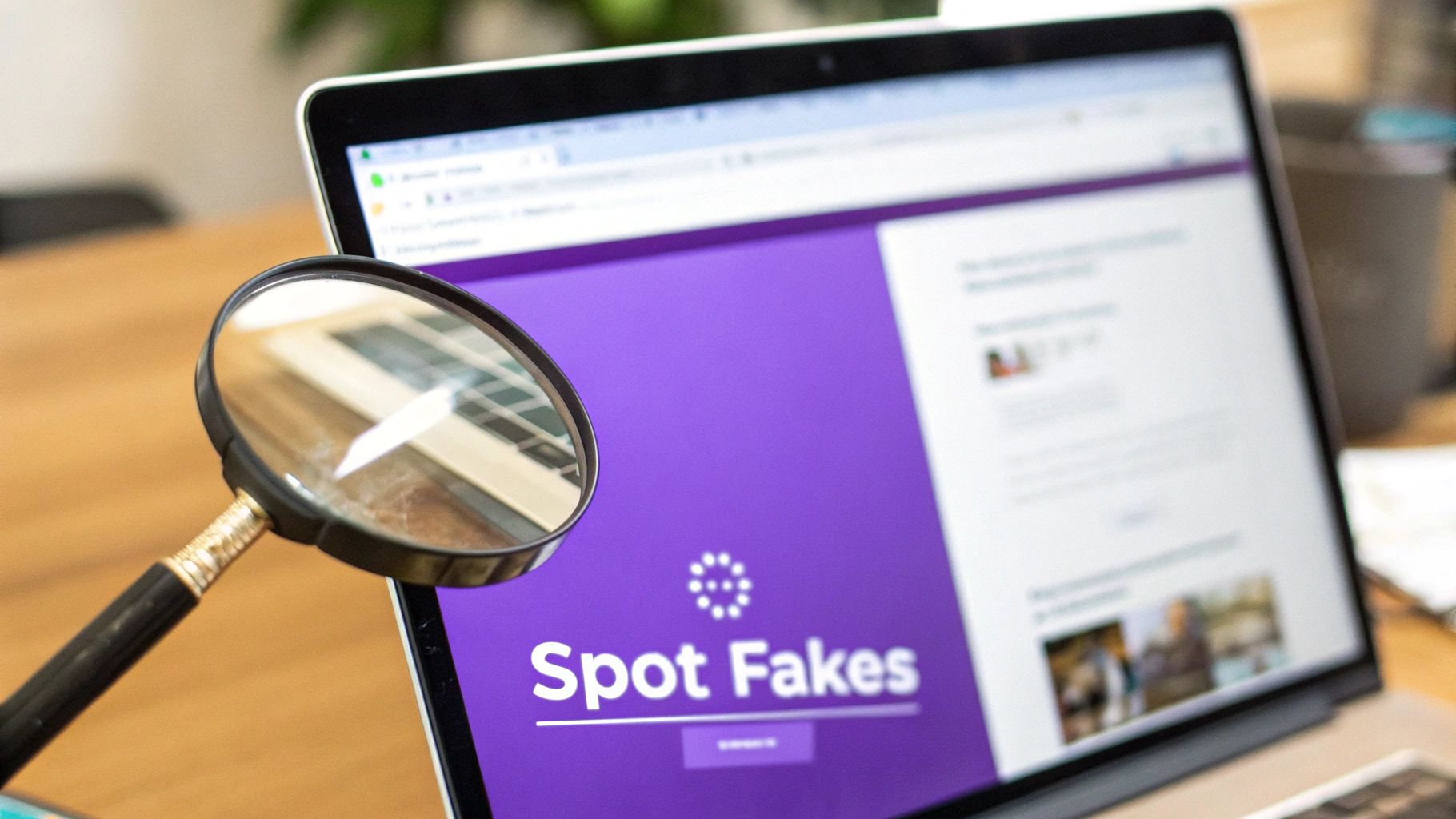 A magnifying glass on a laptop screen shows 'Spot Fakes,' symbolizing media literacy and verification.