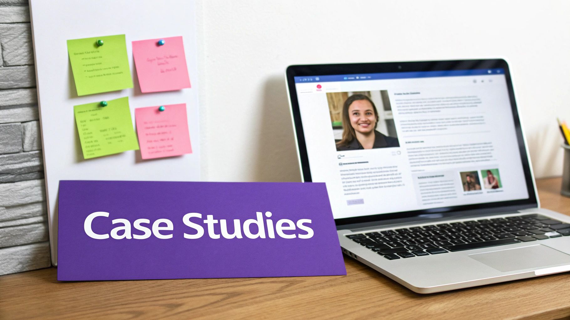 Case studies banner with laptop displaying professional profile and colorful sticky notes on wall