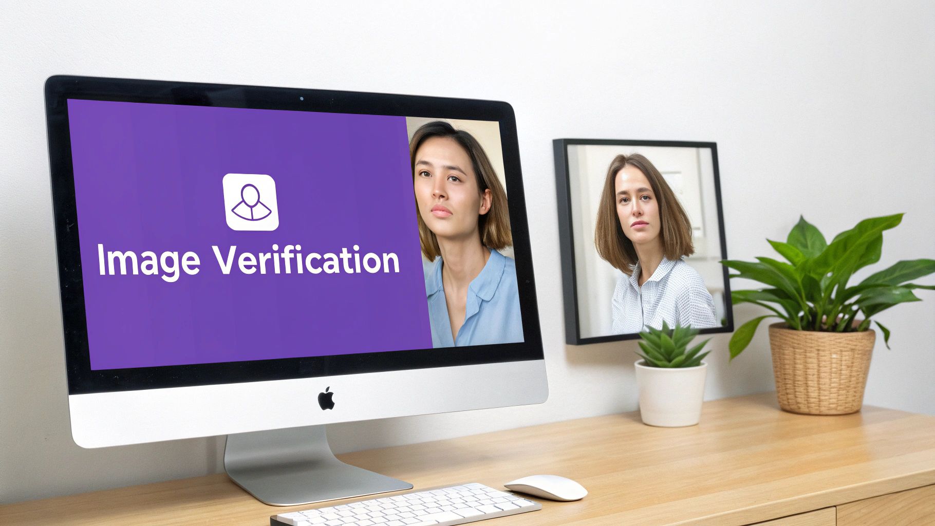A desktop computer displays "Image Verification" software with a woman's face, beside a framed photo.