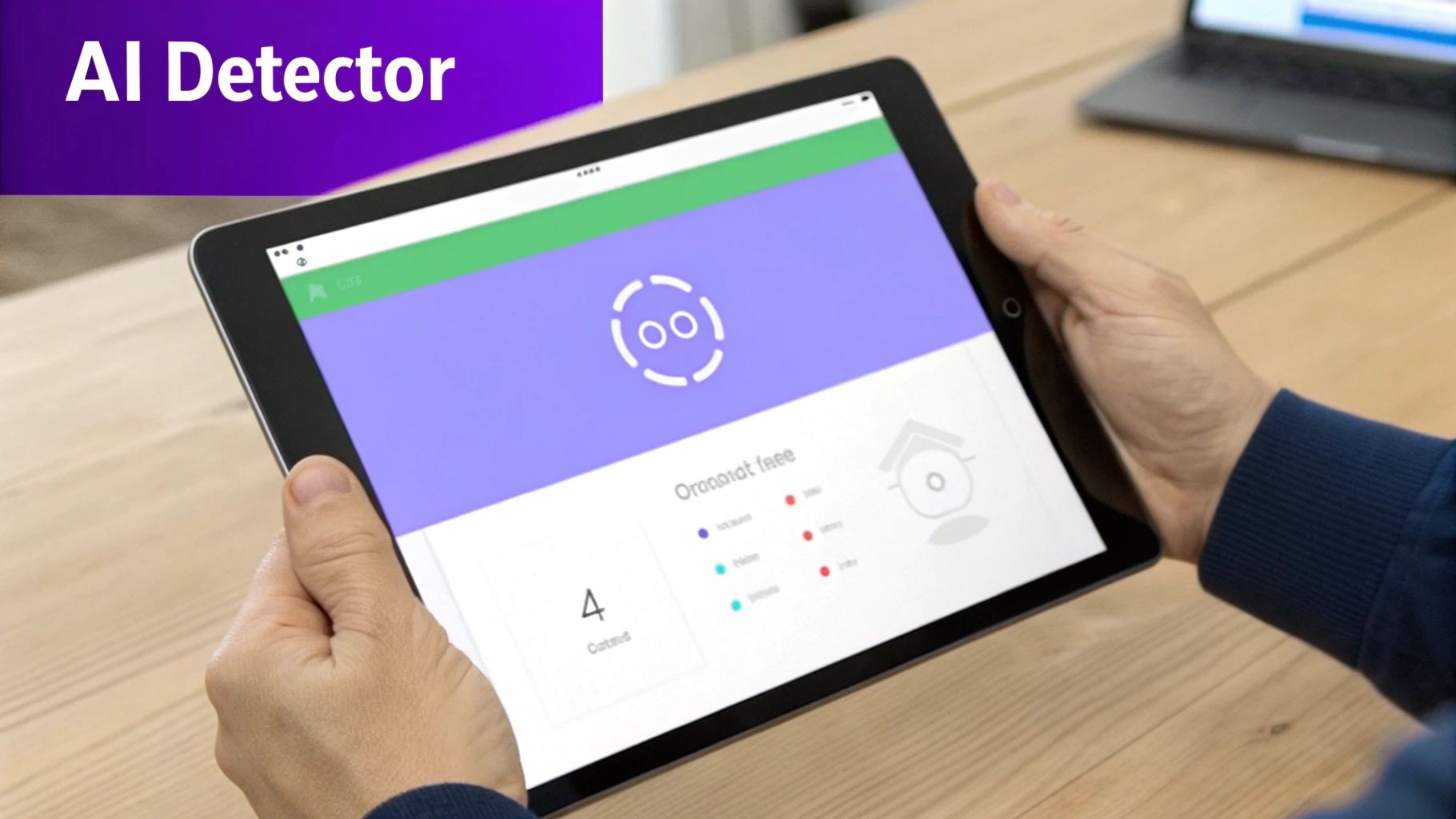 A person holds a tablet displaying an app with an abstract logo and colorful data, with 'AI Detector' visible.