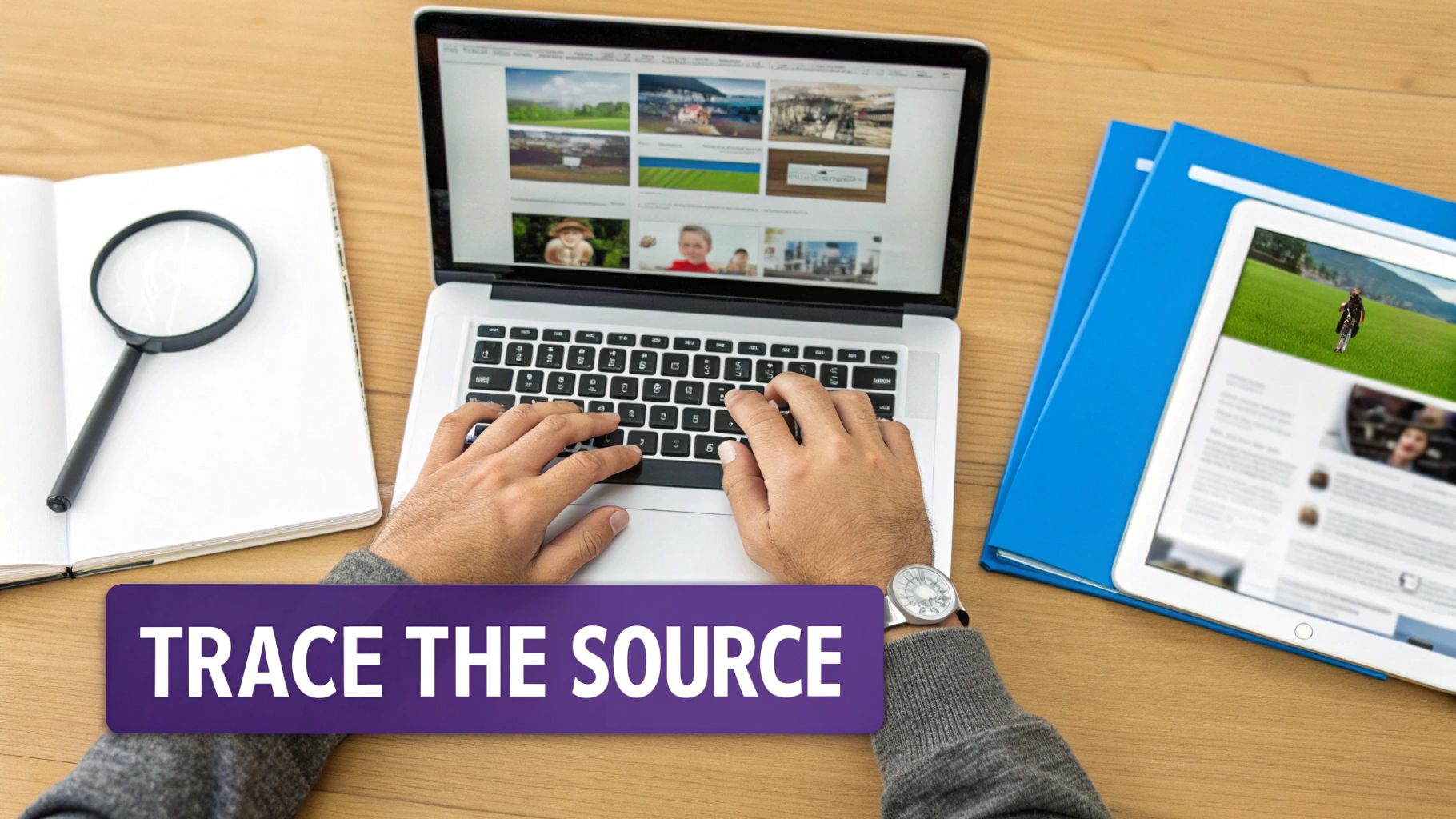 Hands typing on a laptop displaying image search results, with a magnifying glass and 'Trace the Source' text.