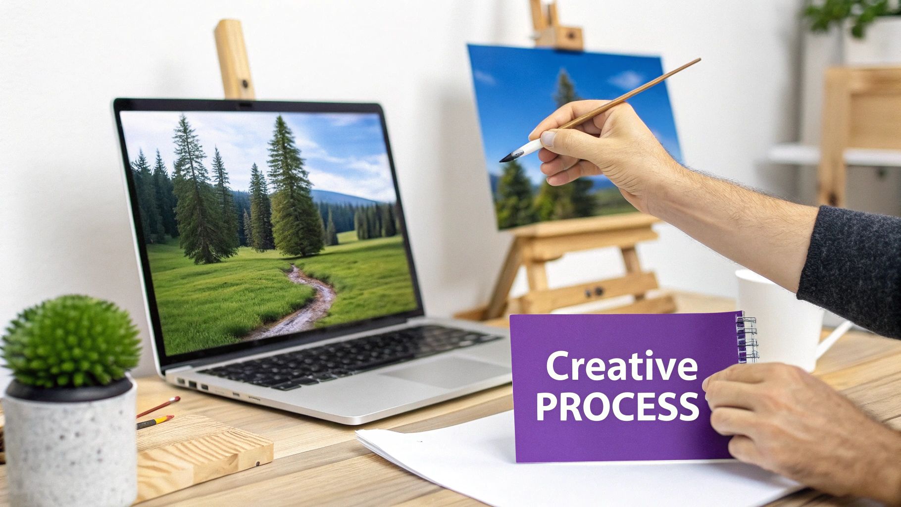 A painter working on a vibrant, abstract canvas, showcasing the hands-on human creative process.