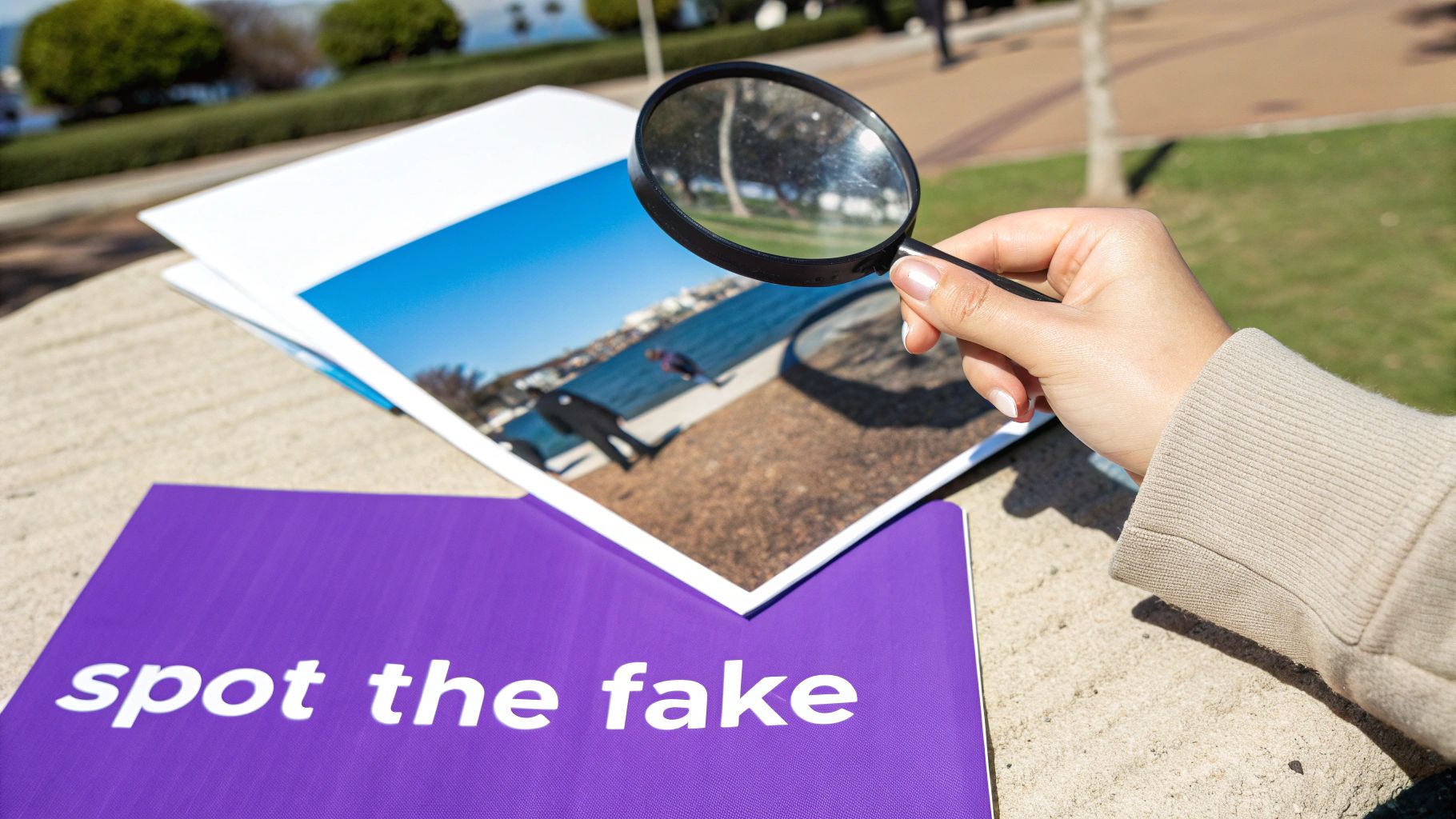 Hand holding a magnifying glass over a printed photo and a 'spot the fake' book outdoors.