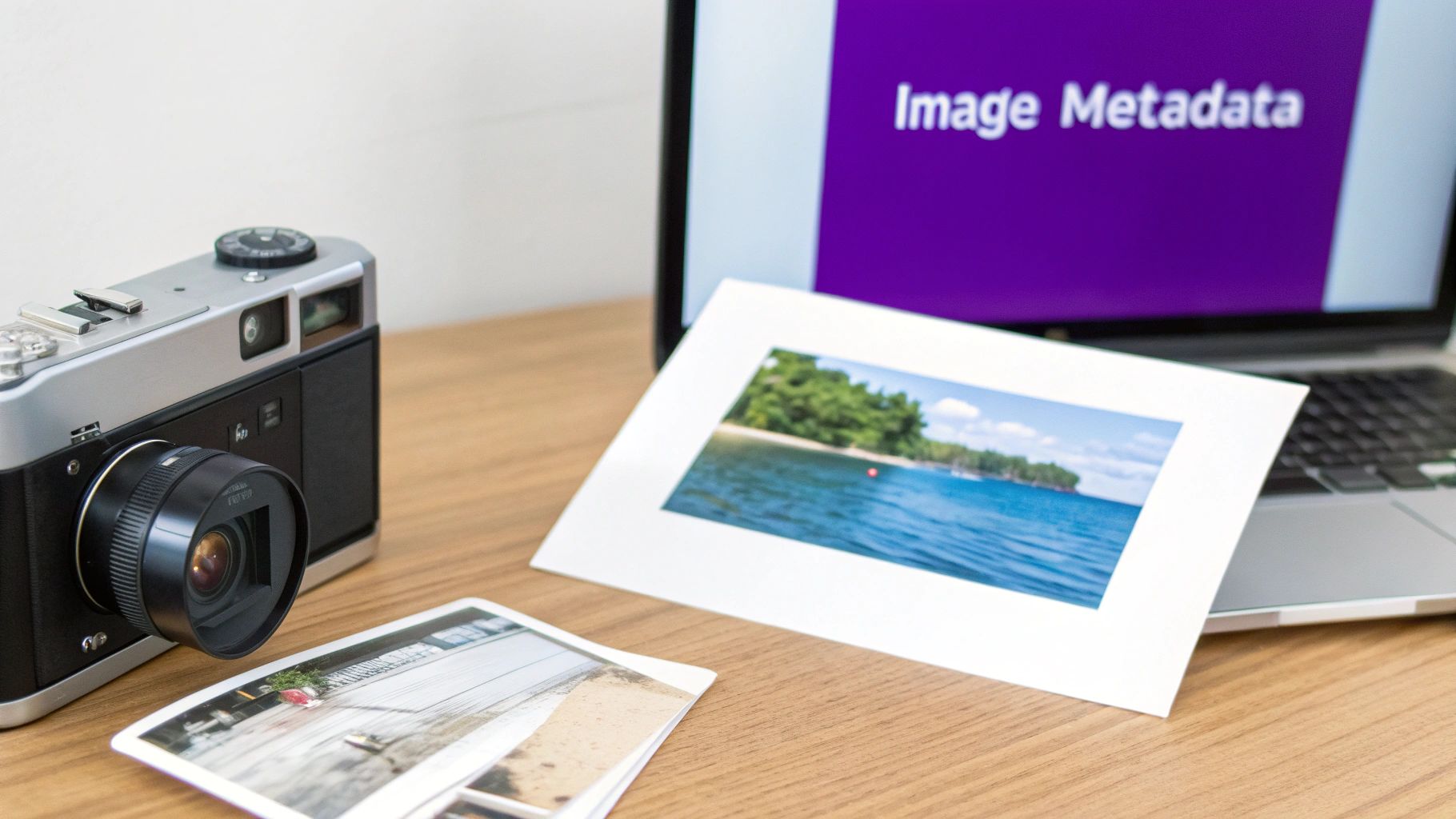 A vintage camera, a laptop displaying "Image Metadata", and printed photographs on a wooden surface.