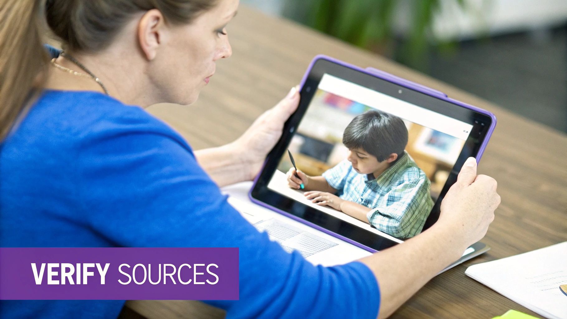 A woman in a blue shirt holds a tablet displaying a boy drawing during an online lesson.