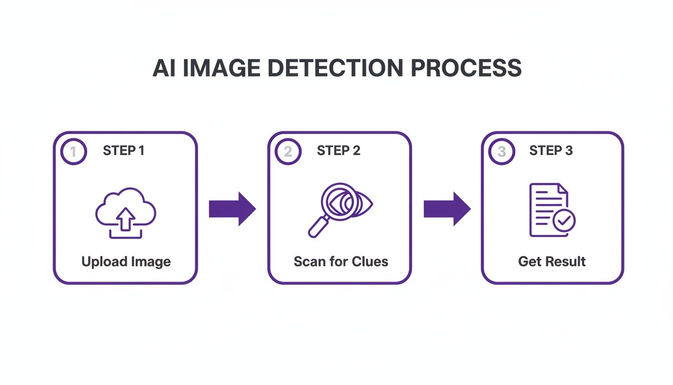 A three-step AI image detection process diagram: upload, scan for clues, and get results.