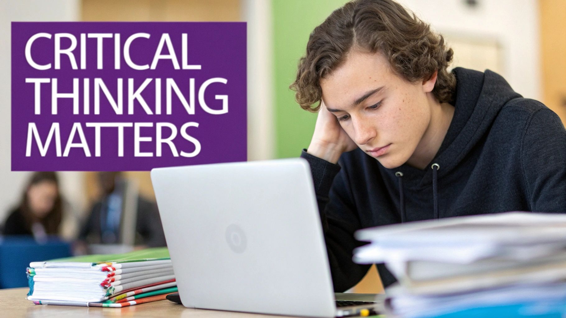 A focused student with curly hair uses a laptop, surrounded by study materials, under a 'Critical Thinking Matters' banner.