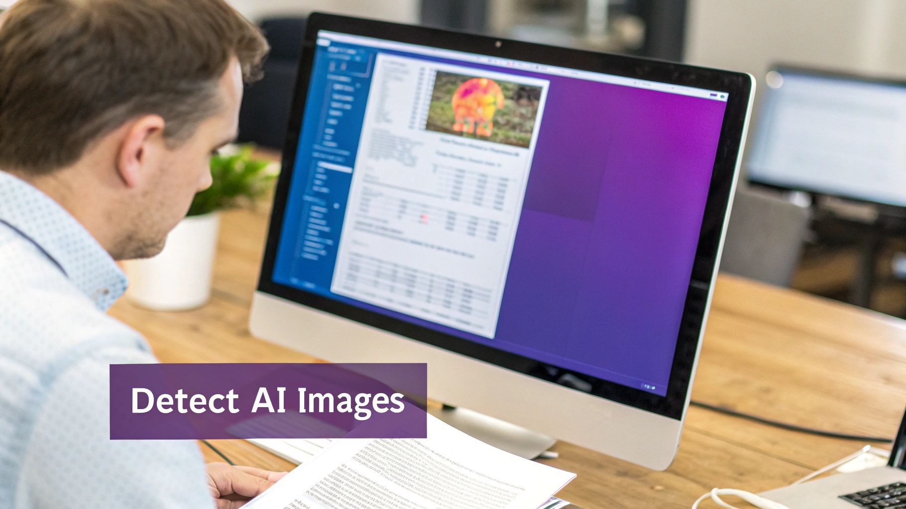 A man examines a computer screen displaying an image analysis, with a 'Detect AI Images' banner.