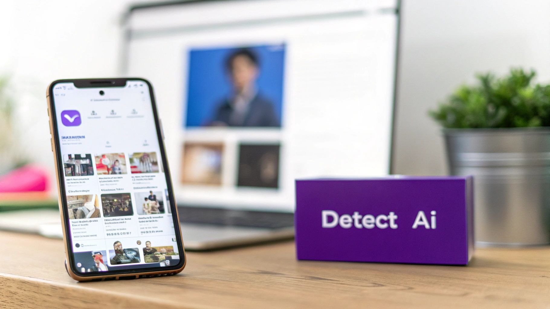 A smartphone displaying an app, a laptop in the background, and a purple box labeled 'Detect Ai'.