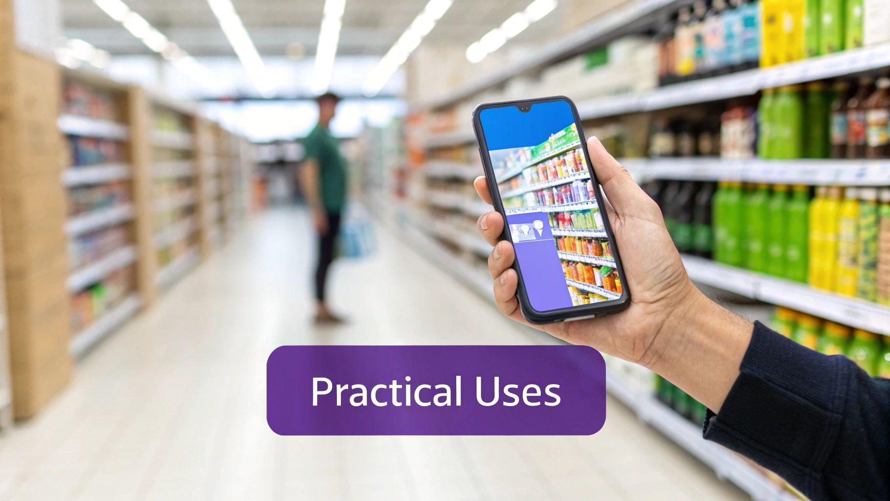 Hand holding a smartphone with an augmented reality overlay in a supermarket aisle, demonstrating practical uses.