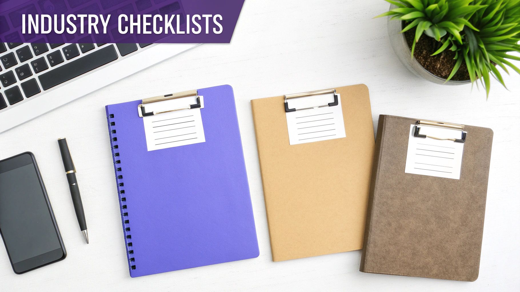 Desk flat lay with laptop, phone, pen, plant, and three colorful clipboards for industry checklists.