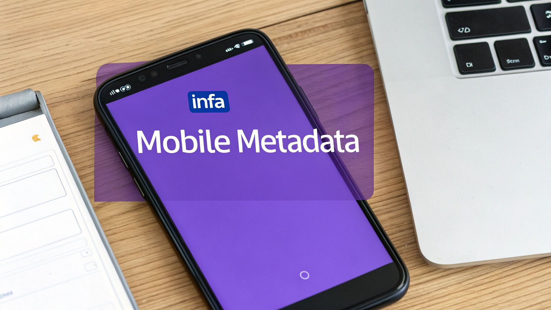 A smartphone displaying "infa Mobile Metadata" on a purple screen, next to a laptop and notebook.