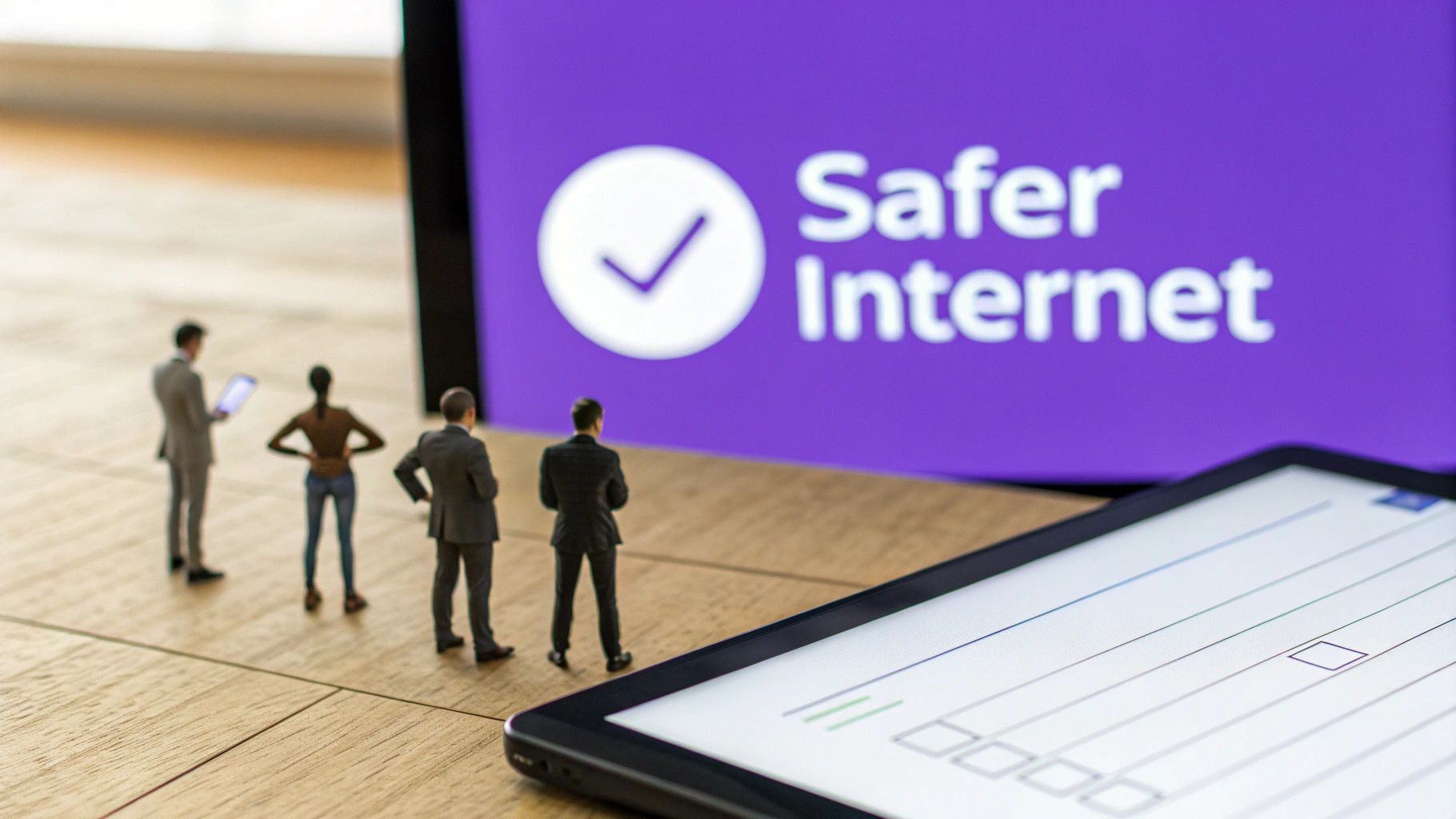 Miniature figures look at a large screen displaying 'Safer Internet' and a checklist on a tablet.