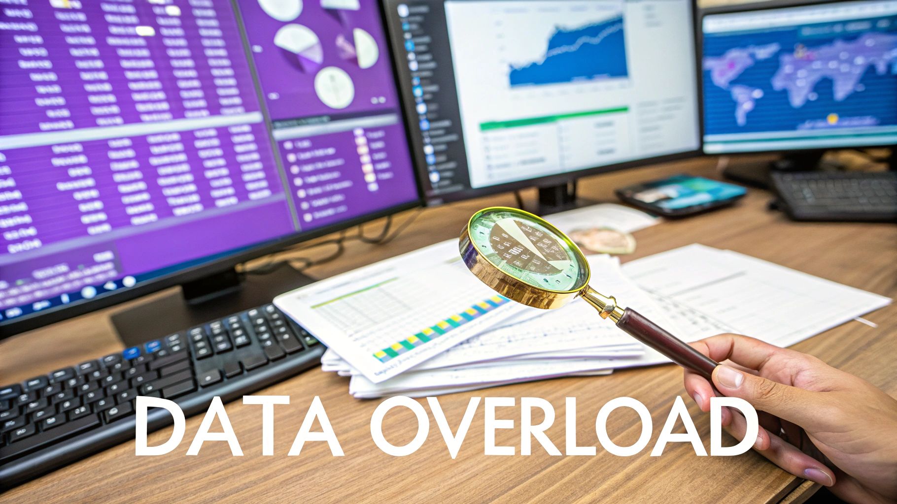 A hand holds a magnifying glass over documents on a desk with multiple computer screens displaying charts and data.