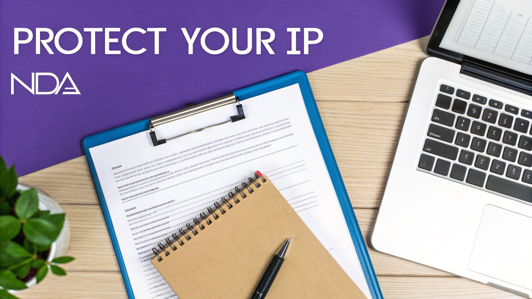 Overhead view of a desk with an NDA document, notebook, pen, laptop, and plant, with 'PROTECT YOUR IP' text.