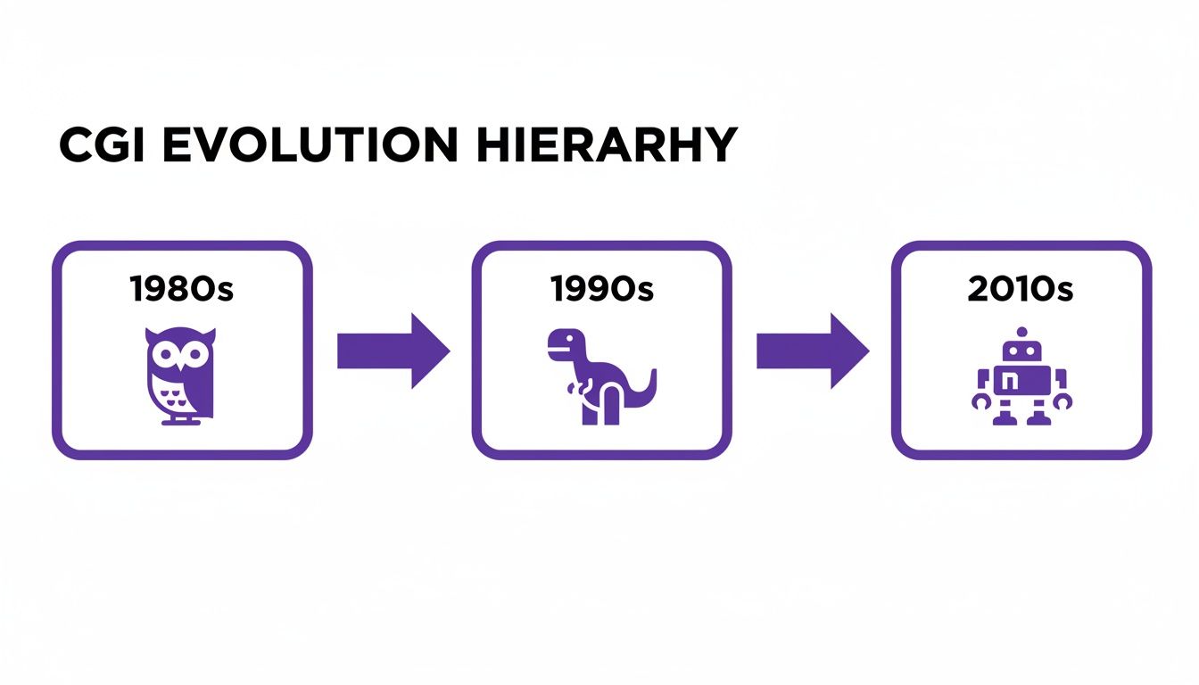 CGI evolution hierarchy timeline showing changes from 1980s (owl) through 1990s (dinosaur) to 2010s (robot).