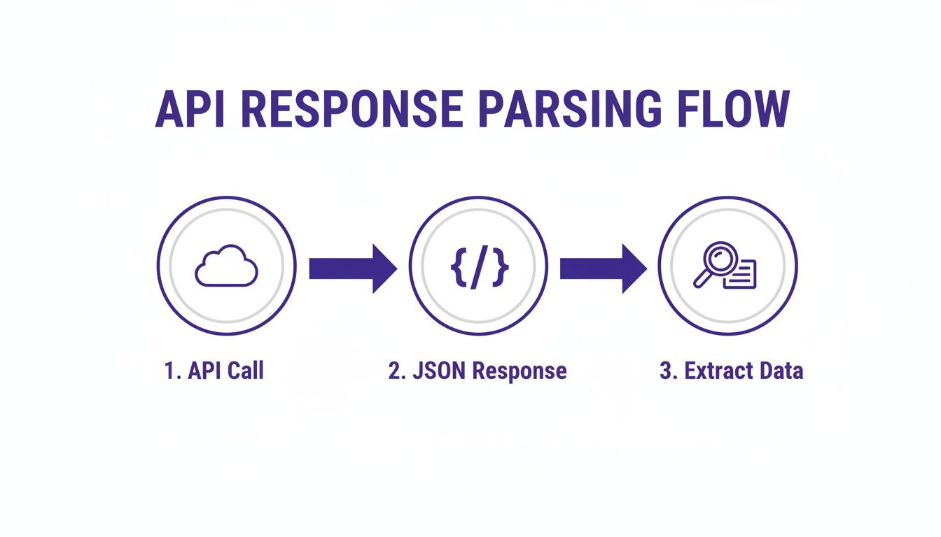 A flow diagram illustrating API response parsing steps: API call, JSON response, and data extraction.