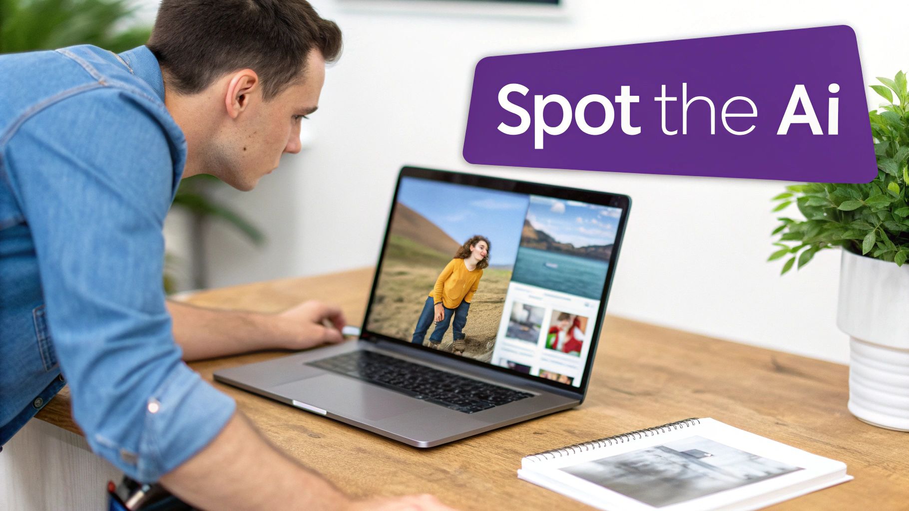 A man intently views a laptop screen featuring images and a prominent 'Spot the Ai' banner.