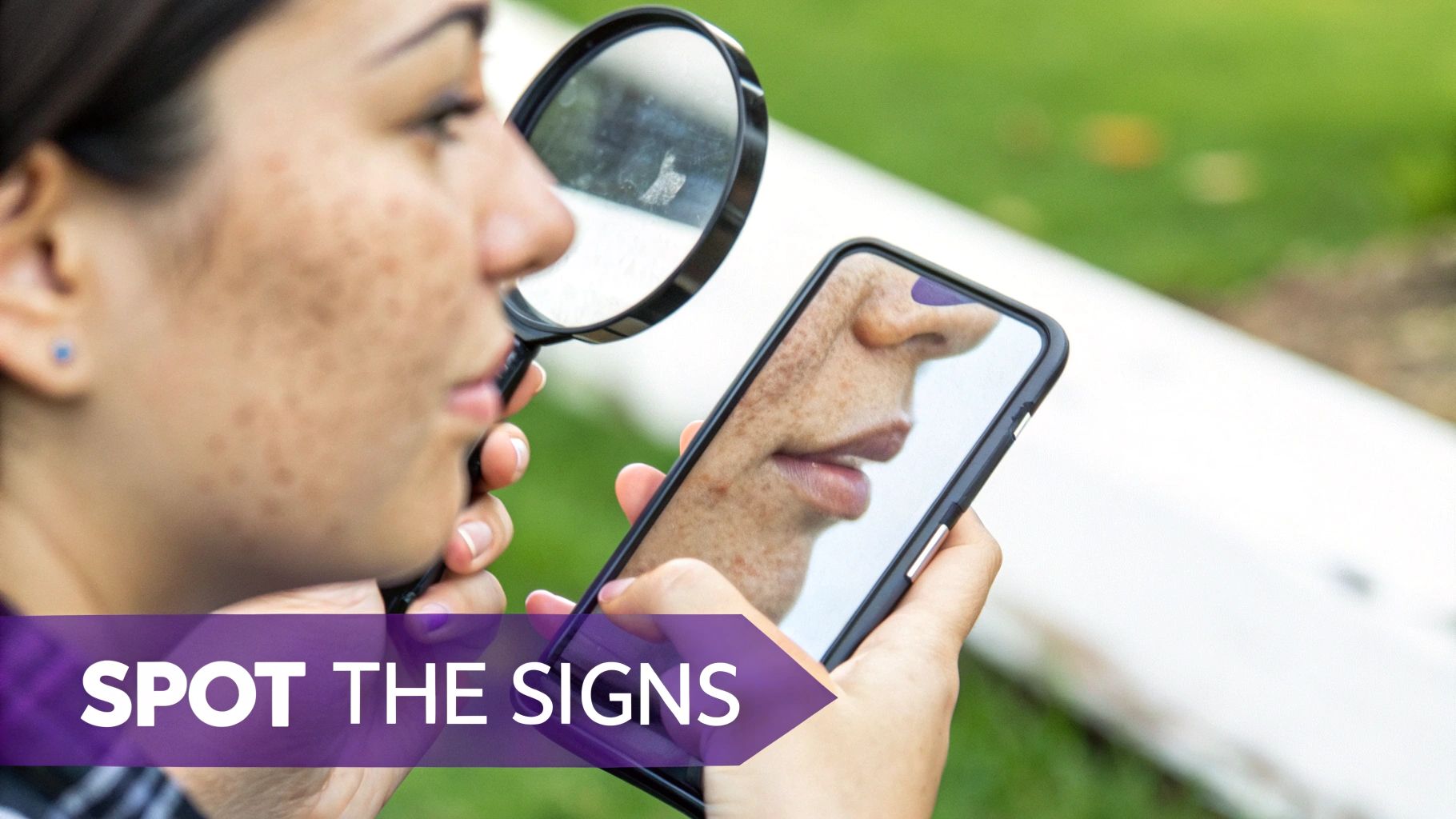 A woman examines her face, which has many spots, with a magnifying glass and phone.