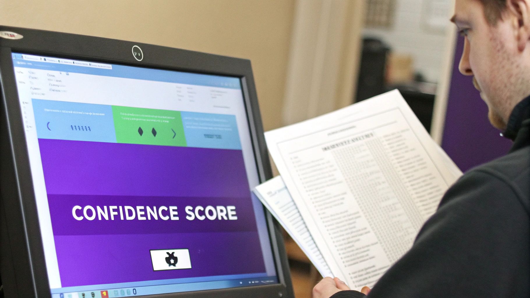 A person reads documents next to a computer monitor displaying 'CONFIDENCE SCORE' on a purple screen.
