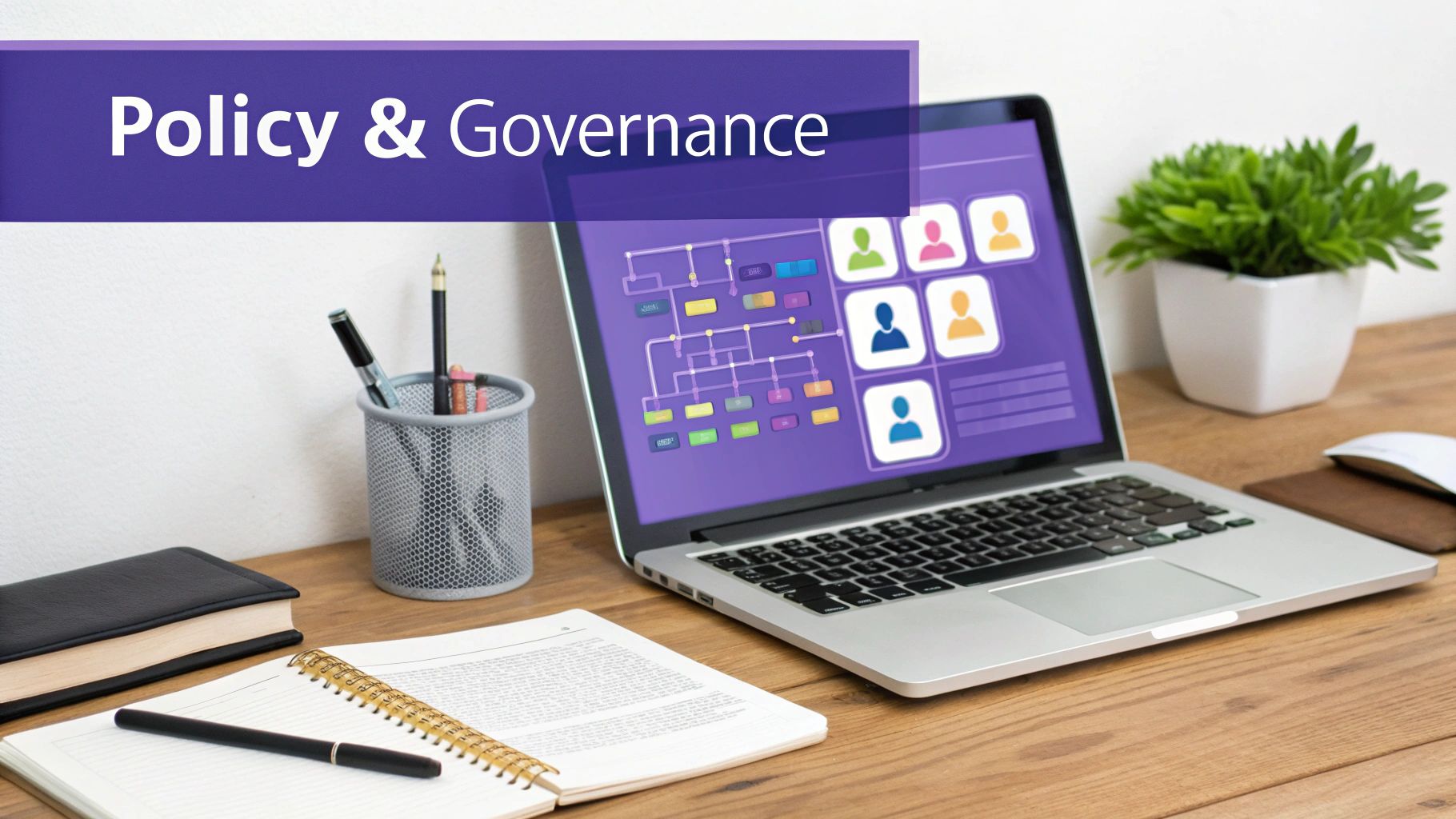 Laptop displaying policy and governance organizational chart with team profiles on wooden desk workspace