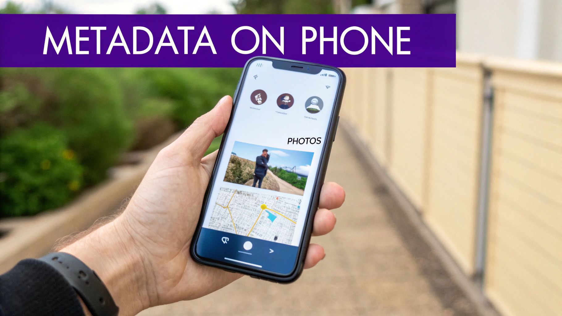 Person holding smartphone displaying photos section with map and location metadata information on screen