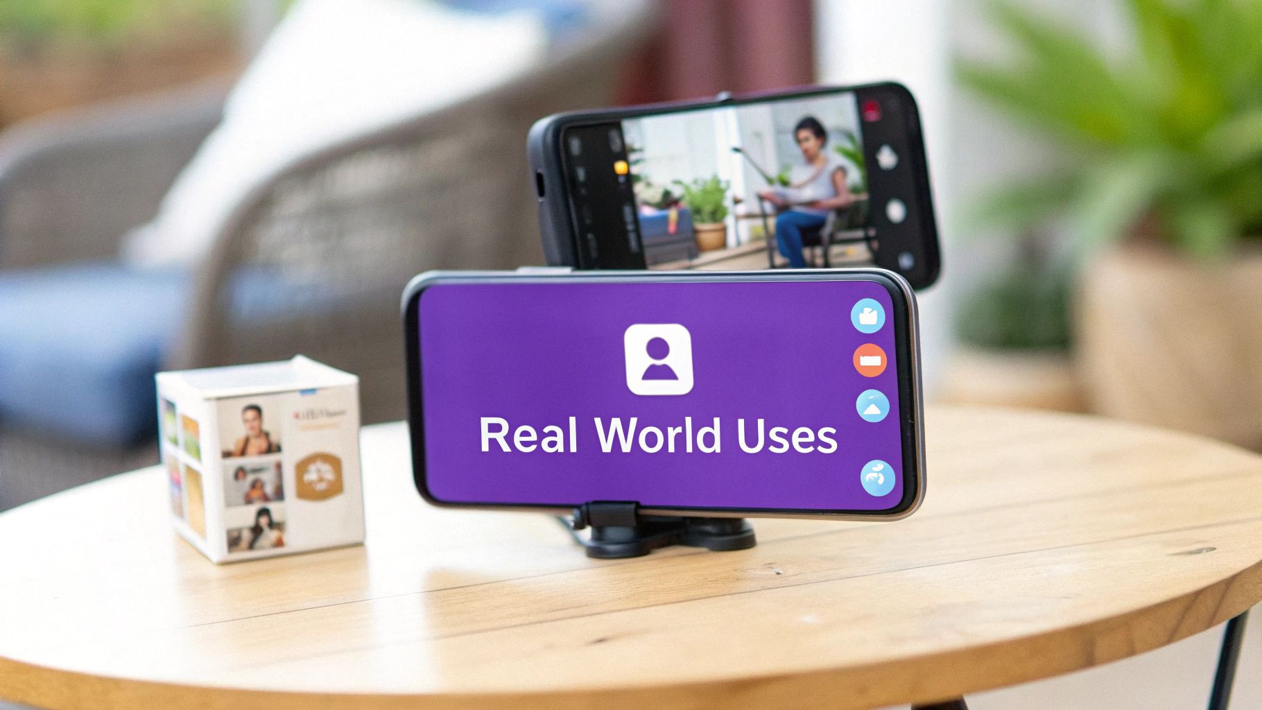 Two smartphones on a wooden table, one recording a video and the other displaying 'Real World Uses'.