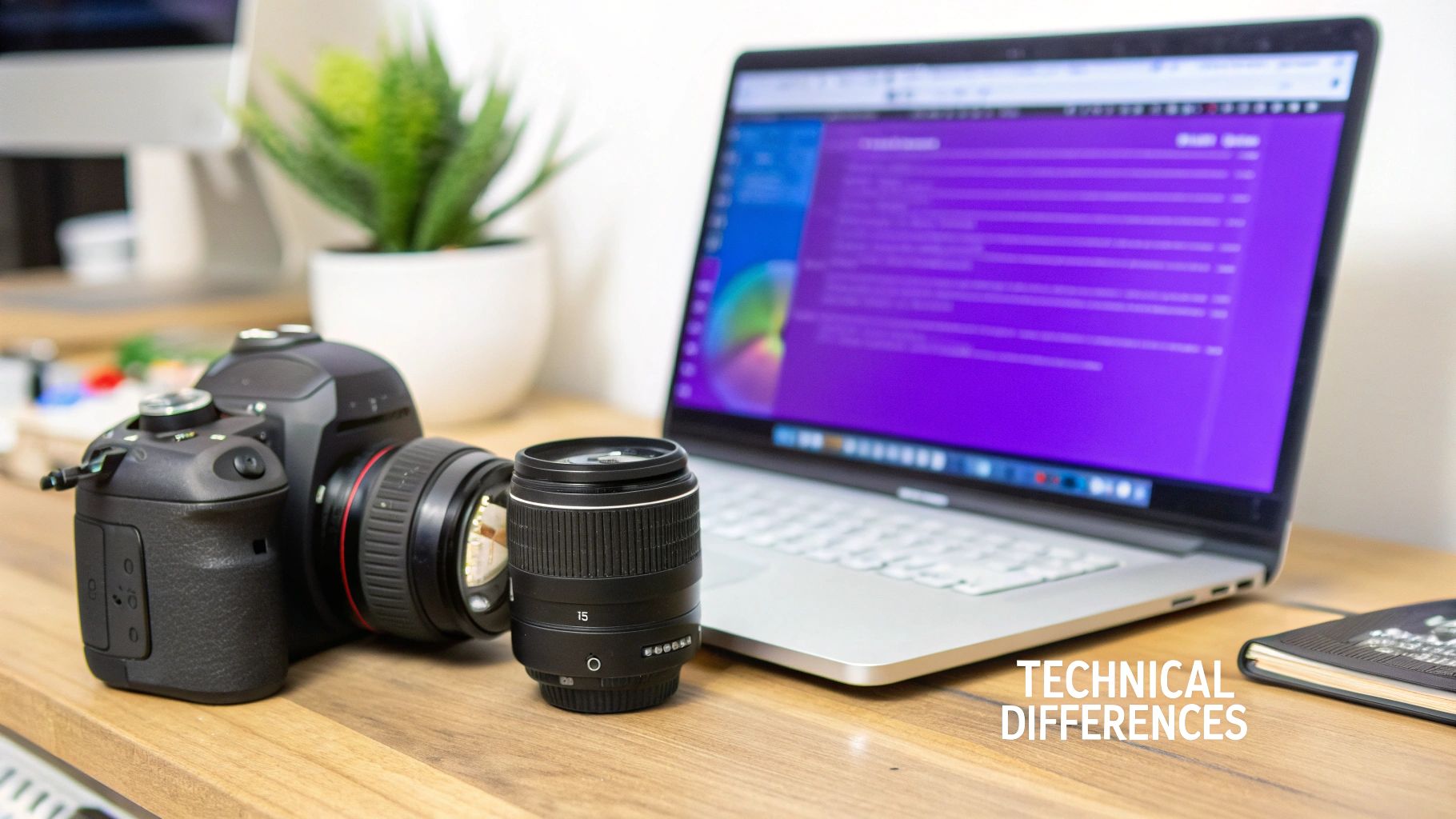 A black DSLR camera and a detached lens sit on a wooden desk next to a silver laptop.