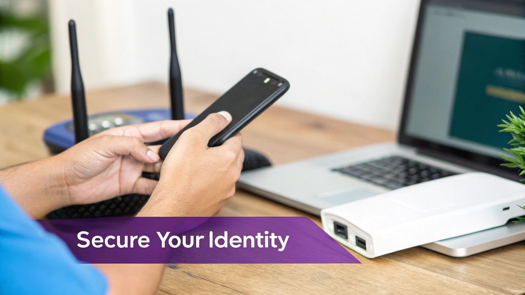 Hands holding a smartphone near a Wi-Fi router, laptop, and external drive, illustrating secure identity.