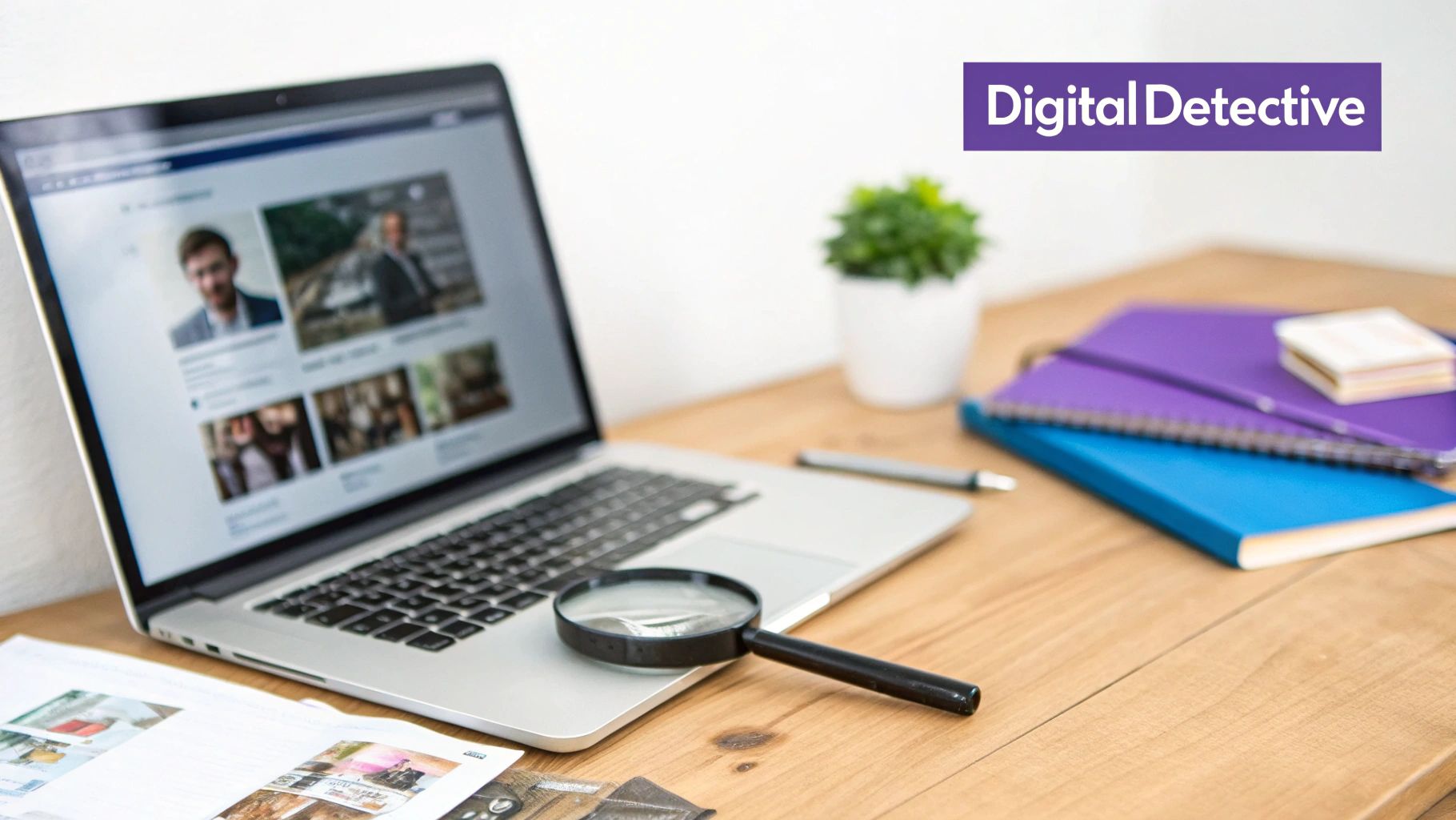 A laptop on a wooden desk with a magnifying glass, notebooks, and a plant, displaying profile pictures.
